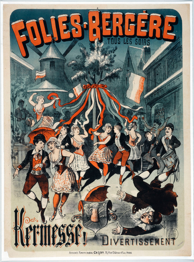 Ein Vintage-Plakat, das das Folies Bergère-Festival in Paris ankündigt und eine Gruppe tanzender Menschen sowie Gebäude, Bäume und Flaggen im Hintergrund zeigt, mit beschreibendem Text.