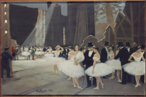 Ein Bild mit dem Titel 'Tanz an der Oper' von Jean Beraud aus dem Jahr 1889, das eine Gruppe von Tänzern in weißen Tutus und Hüten auf einer Bühne zeigt, die von Lichtern beleuchtet wird und von einem Photo Rahmen umgeben ist.