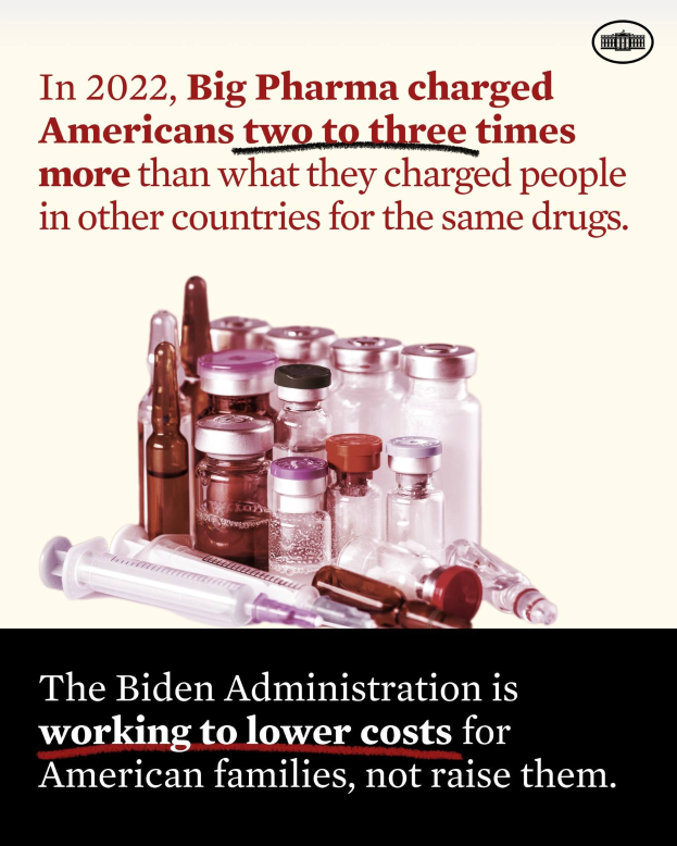 Ein Plakat, auf dem steht, dass Big Pharma 2022 Amerikaner zwei bis drei Mal so viel für dieselben Medikamente berechnet hat wie andere Länder, mit ein paar Flaschen und einer Spritze darunter.