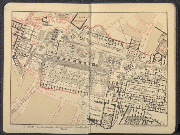 Eine detaillierte Karte von Roms Straßen, Gebäuden und Sehenswürdigkeiten auf dem Cover eines alten Buches.