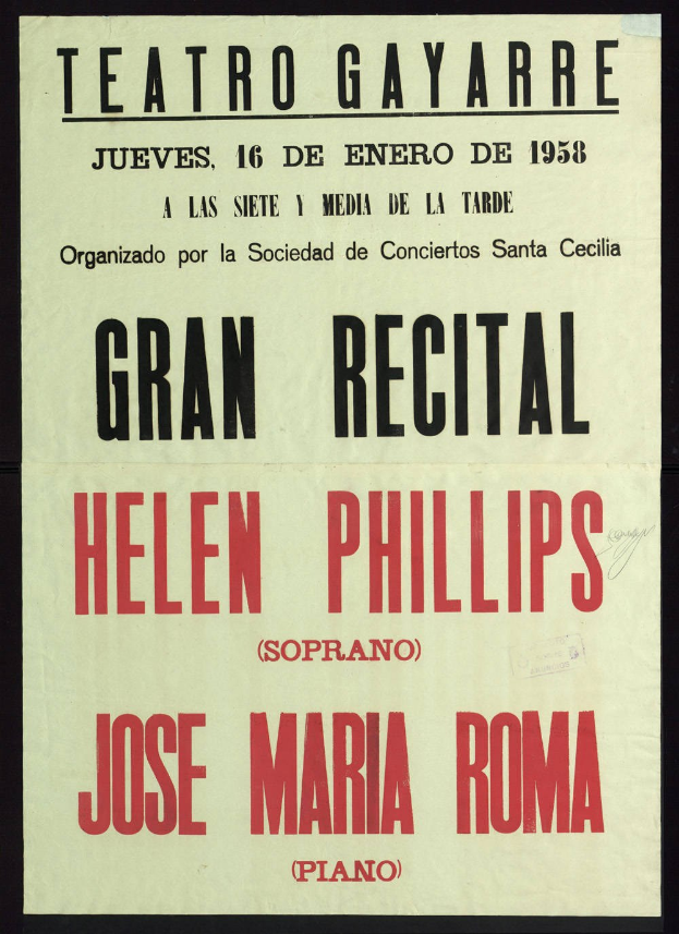 Konzertplakat mit Helen Phillips und Jose Maria Roma mit Text auf dem Plakat.