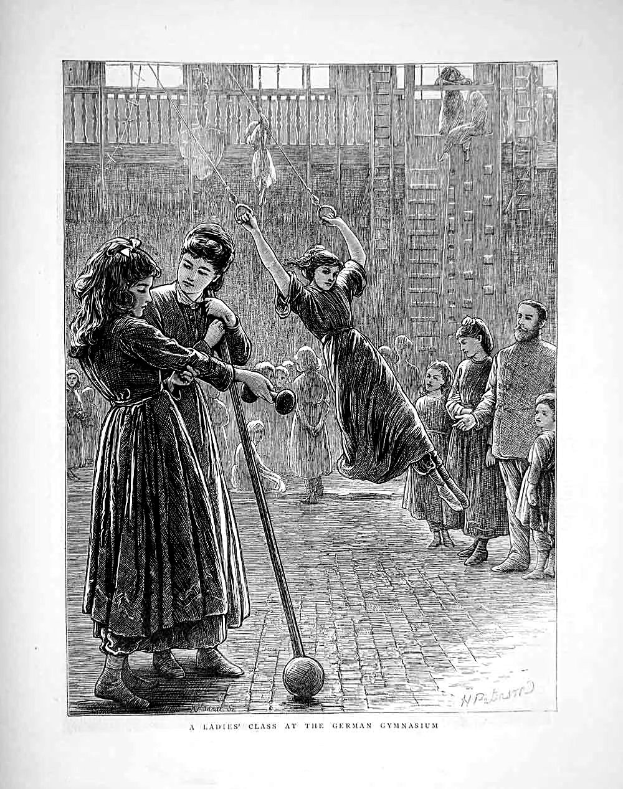 Eine Schwarz-Weiß-Radierung von Kindern, die mit einem Ball in einem Turnsaal spielen, mit zwei Mädchen in der Mitte, die Stöcke halten, und anderen Kindern drumherum, und Text unten, der "A Ladies' Class at the German Gymnasium" lautet.