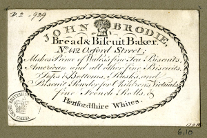 Alte Visitenkarte für John Brodie Bread & Biscuit Baker mit Text über das Angebot der Bäckerei.