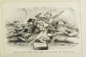 Ein Blatt mit einer Zeichnung von verzweifelten Menschen und dem Text "Die Lords trafen sich zur Geschäftsbesprechung."