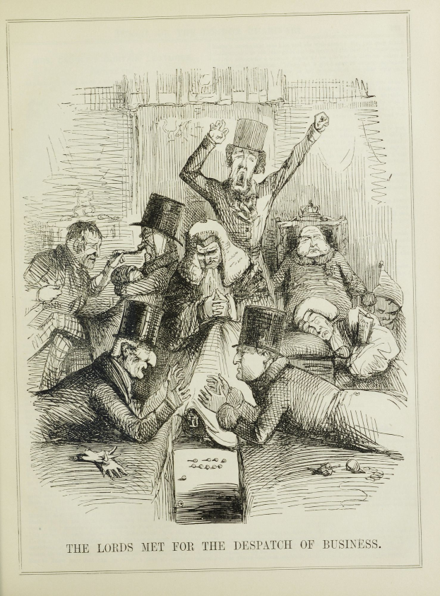 Ein Blatt mit einer Zeichnung von verzweifelten Menschen und dem Text "Die Lords trafen sich zur Geschäftsbesprechung."