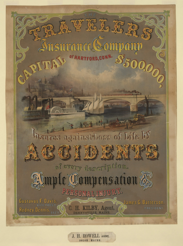 Werbeplakat für die Traveler's Insurance Company of Hartford, Connecticut, mit Booten, einer Brücke und Gebäuden sowie Text über Reiseversicherungsdienstleistungen.