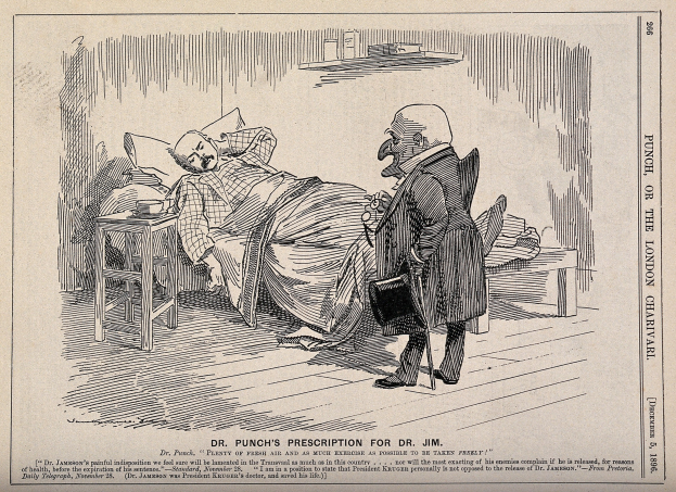 Zeichnung eines Mannes im Krankenhausbett mit einer Frau neben ihm, einer Tasse und einem Unterteller auf einem nahen Tisch und Text unten, der 'Dr. Punch's Rezept für Dr. Jim' lautet.