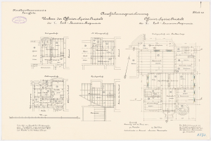 Schwarz-weißer Architekturentwurf des ehemaligen Bundeskanzleramts, zeigt detaillierte Grundriss mit beschrifteten Räumen und strukturellen Elementen.