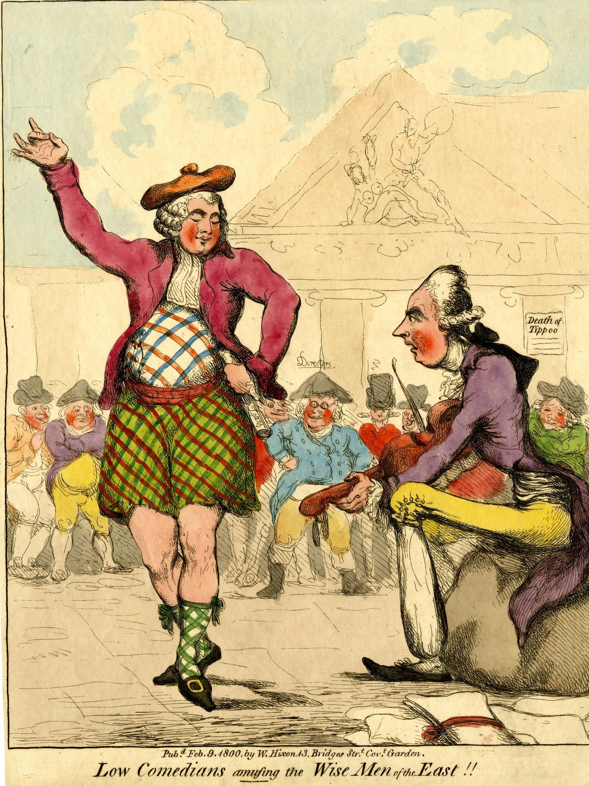Karikatur eines Mannes in einem Kilt und einer Frau in einem Kleid, die vor einer Menge stehen, mit einem Gebäude und Wolken im Hintergrund und Text unten, der 'Niedrige Komiker amüsieren die weisen Männer des Ostens' liest.