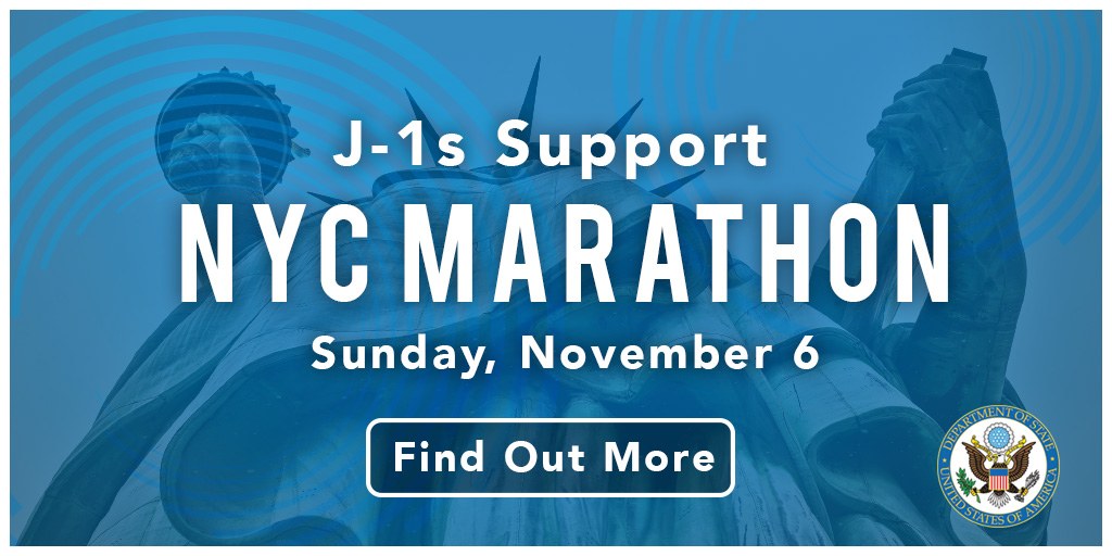 Plakat, das den New York City Marathon am Sonntag, den 6. November mit dem Text "j-1s support" und dem Logo des Events bewirbt.