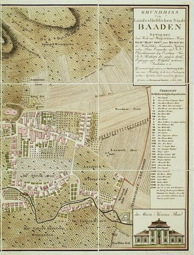 Alte detaillierte Karte von Baden-Württemberg, Deutschland, mit einem Gebäude in der rechten unteren Ecke, die Straßen, Gebäude und textuelle Informationen über die Stadt zeigt.