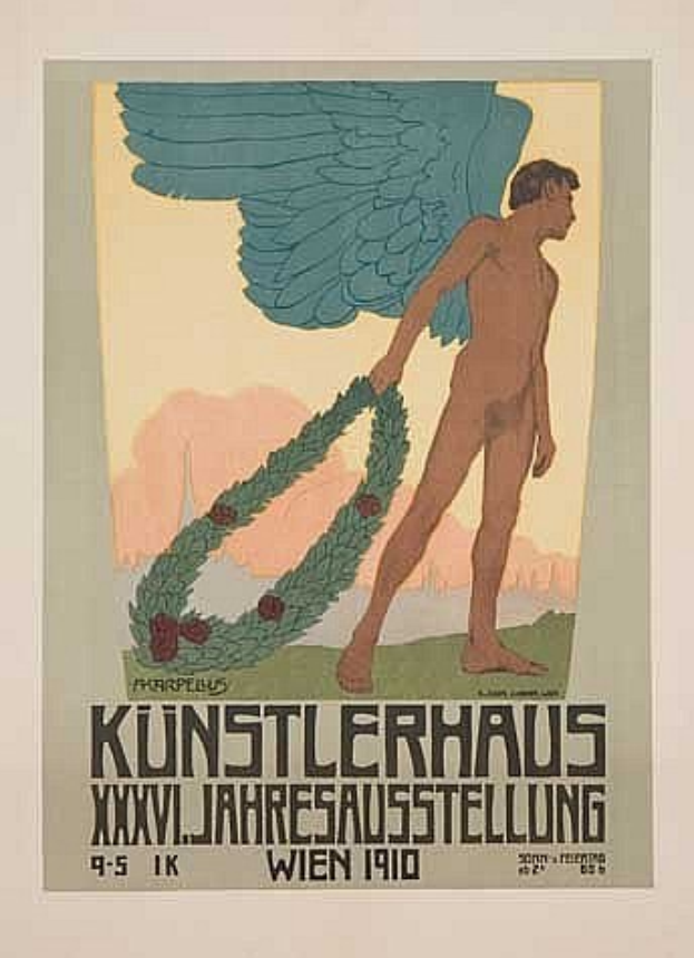 Deutsches Propagandaplakat aus dem Jahr 1910 mit einem geflügelten Mann in heroischer Pose mit einem Kranz, vor einem vibrierenden Blau, Grün und Gelb und der Aufschrift "Künstlerhaus Wien 1910" oben.