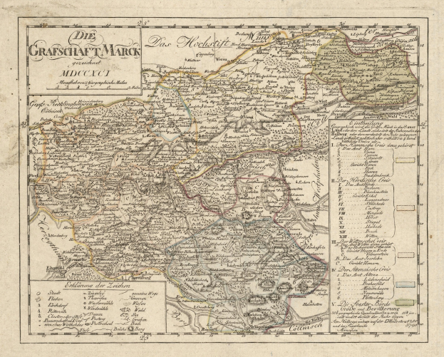 Ein detailliertes altes Stadtplan von München, Deutschland, mit Straßen, Parks und Sehenswürdigkeiten, mit detaillierten Straßen, Flüssen und Bergen, umgeben von einem dekorativen Rahmen in Blau-, Grün- und Gelbtönen.