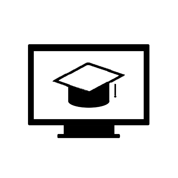 Ein Computerbildschirm mit einer schwarzen und weißen Mütze, die das Online-Lernen symbolisiert.