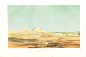 Die großen Pyramiden von Giza in Ägypten, umgeben von Sand und einem klaren blauen Himmel, mit Text am unteren Bildrand.