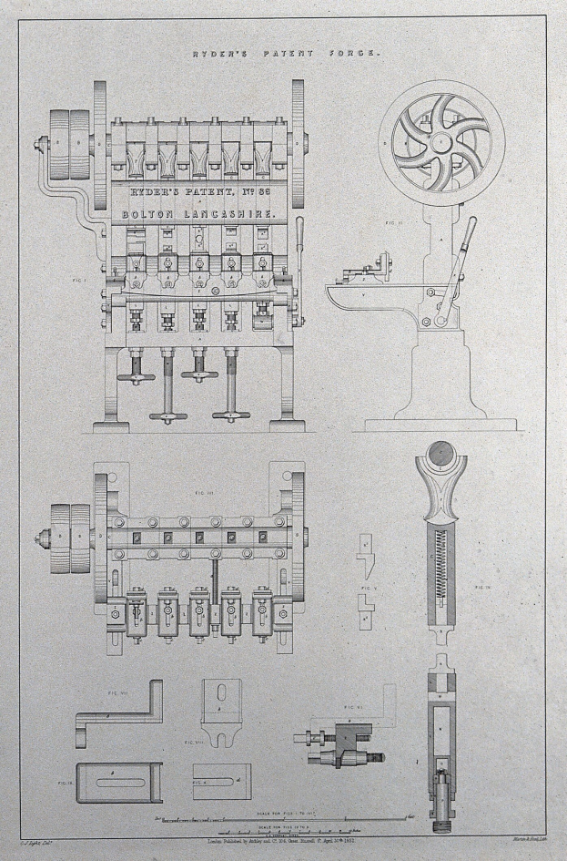 Eine detaillierte Zeichnung einer hydraulischen Pressmaschine mit einem prominenten Rad, begleitet von Patenttext, der ihre Komponenten und den Betrieb beschreibt.