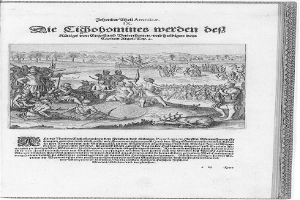 Ein altes Buch mit einer Schwarz-Weiß-Zeichnung von verzweifelten Menschen, betitelt "Das Ende des Imperiums", vor einer kargen Landschaft mit fernen Bäumen und Bergen.