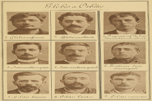 Ein altes Foto einer Gruppe von Schnurrbärtigen Männern, die jeweils einen einzigartigen Gesichtsausdruck zeigen, mit begleitendem Text.