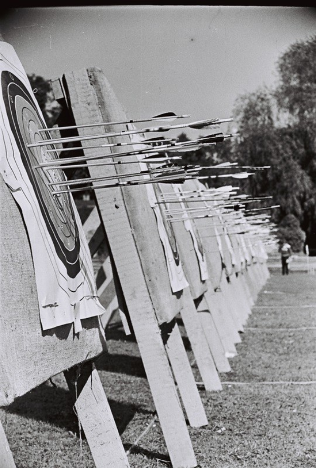 Schwarz-weisses Foto eines Bogenschiess-Ziels mit Pfeilen in der Mitte, umgeben von Bäumen und einer Person im Hintergrund, mit sichtbarem Boden unten.