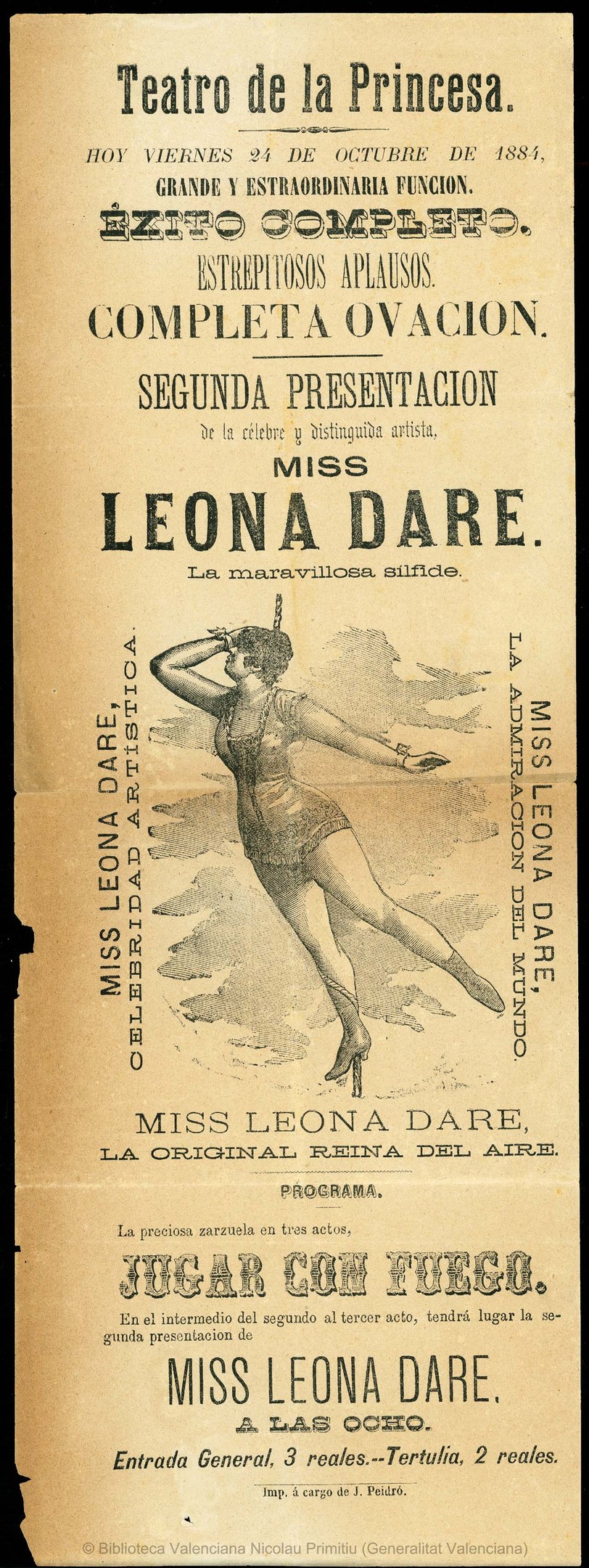 Ein Vintage-Plakat für das Teatro de la Princesa, das eine Frau in einem hochgeschlossenen, langärmligen Kleid mit einem Knoten zeigt, die anmutig mit ausgestreckten Armen vor einem tiefblauen Hintergrund mit Sternen posiert.