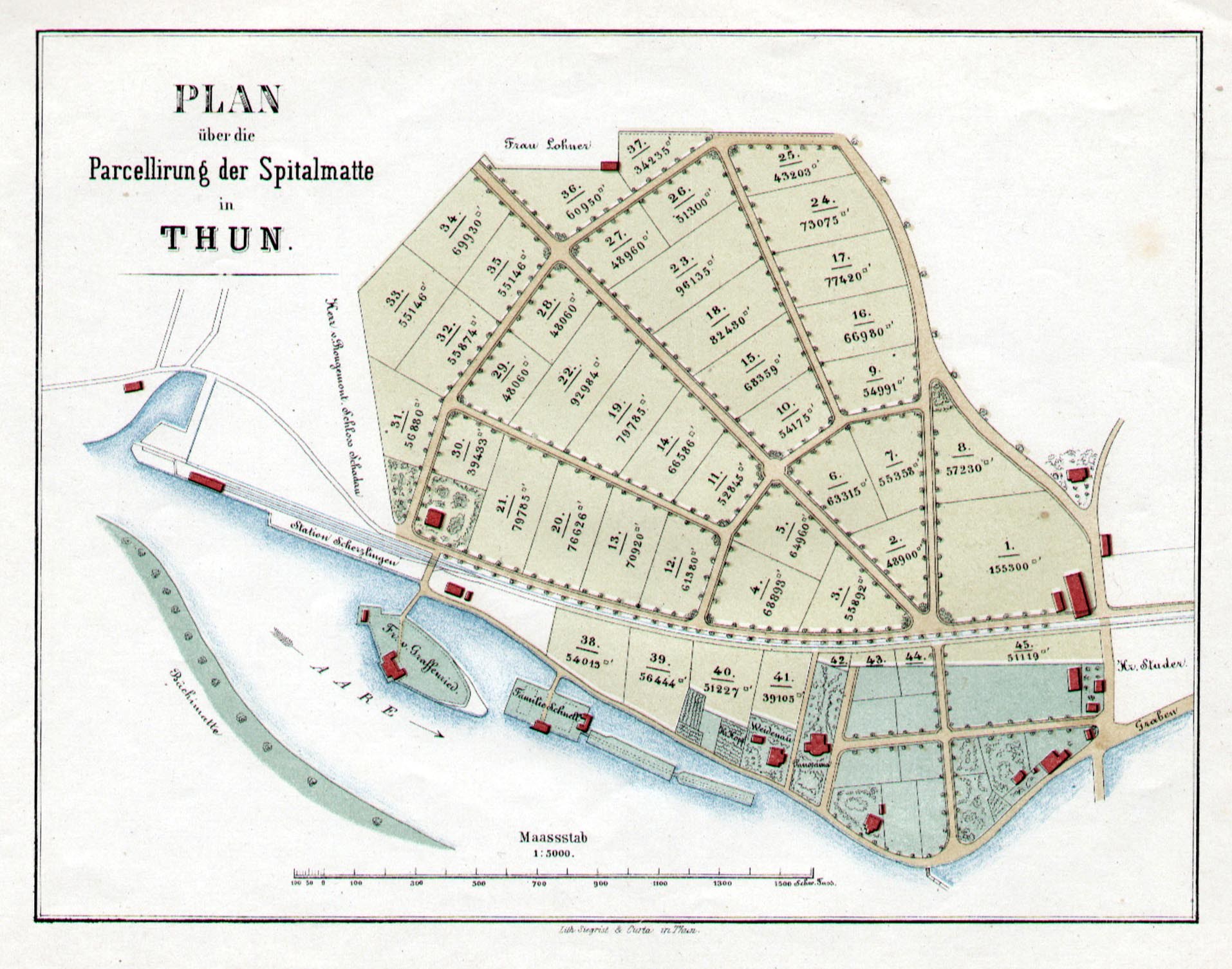 Detailierte alte Karte von Thun, Deutschland, zeigt Straßen, Gebäude und Sehenswürdigkeiten mit Textanmerkungen.
