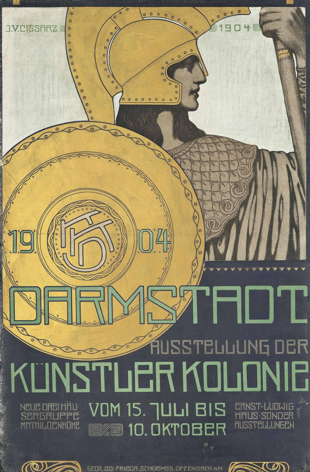 Plakat für ein 1904er Konzert in Berlin mit einer Person in einem Helm, die ein Schild hält, und der Aufschrift «Darmstadt» und «Künstler Kolonie»