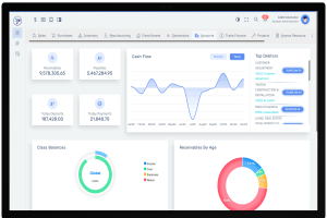 Ein Laptop-Bildschirm, der ein Finanzmanagement-Dashboard mit einem weißen Hintergrund, einem blauen Header und einem Raster von Graphen und begleitendem Text anzeigt.