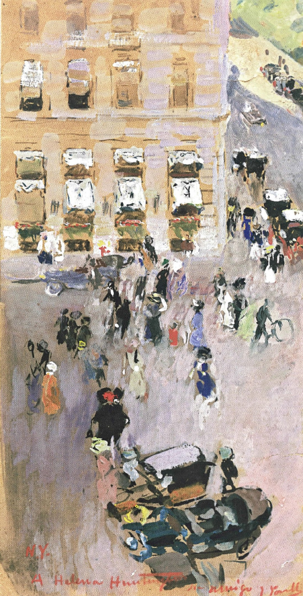 Gemälde einer belebten Straße in New York City mit Fußgängern, Fahrzeugen und einem Gebäude im Hintergrund, mit Text unten.