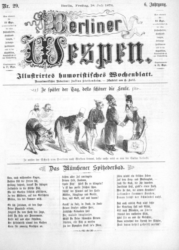 Eine alte Zeitungsseite mit einer Karikatur eines Mannes mit Zylinder und einer Frau in einem Kleid, beide mit besorgter Miene, betitelt mit "Berliner Wespn, Juli 1873".