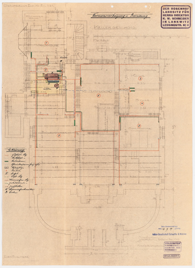 Architektonischer Entwurf des Rosenhof Hospitals in Hamburg, Deutschland, der detaillierte Layout mit zahlreichen Drähten und beschrifteten Zimmern, Fluren und Merkmale auf altem Papier zeigt.
