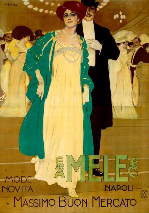 Ein Plakat, das eine Modevorstellung mit einer Frau in einem weißen Kleid und einem Mann in einem schwarzen Anzug ankündigt, mit Text, der das Ereignis beschreibt.