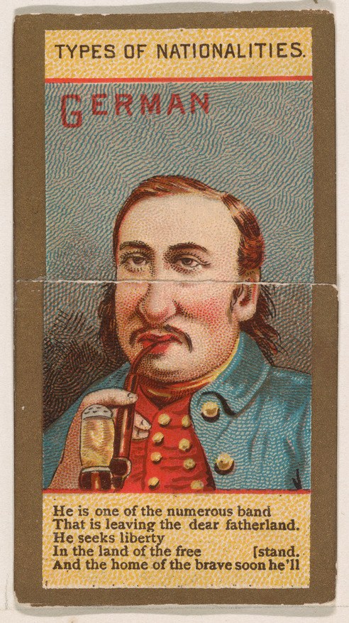Ein Plakat eines Mannes in deutscher Militäruniform mit einem Glas Bier in der Hand, auf dem das Wort "deutsch" steht.