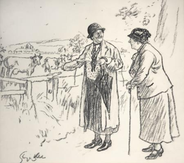 Ein Mann und eine Frau stehen Seite an Seite auf einem Feld, der Mann hält einen Stock, mit Tieren, Bäumen und einem Zaun im Hintergrund; Text unten lautet "Die Farmersfrau von Sir Edward Burne-Jones."