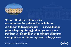 Ein Plakat mit dem Weißen Haus und Text über den Wirtschaftsplan von Biden-Harris, der die Schaffung von Arbeitsplätzen ohne vierjähriges Studium betont.