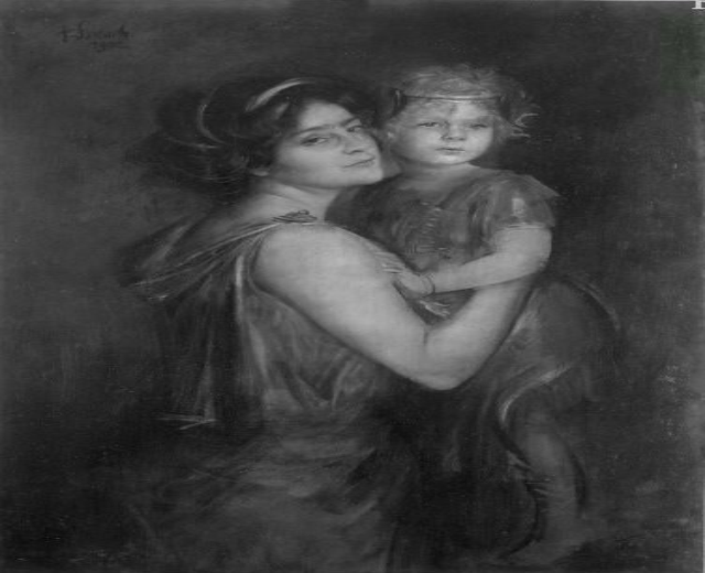 Schwarzes und weißes Porträt einer Frau mit einem Kind, mit dem Text "Mutter und Kind" unten.