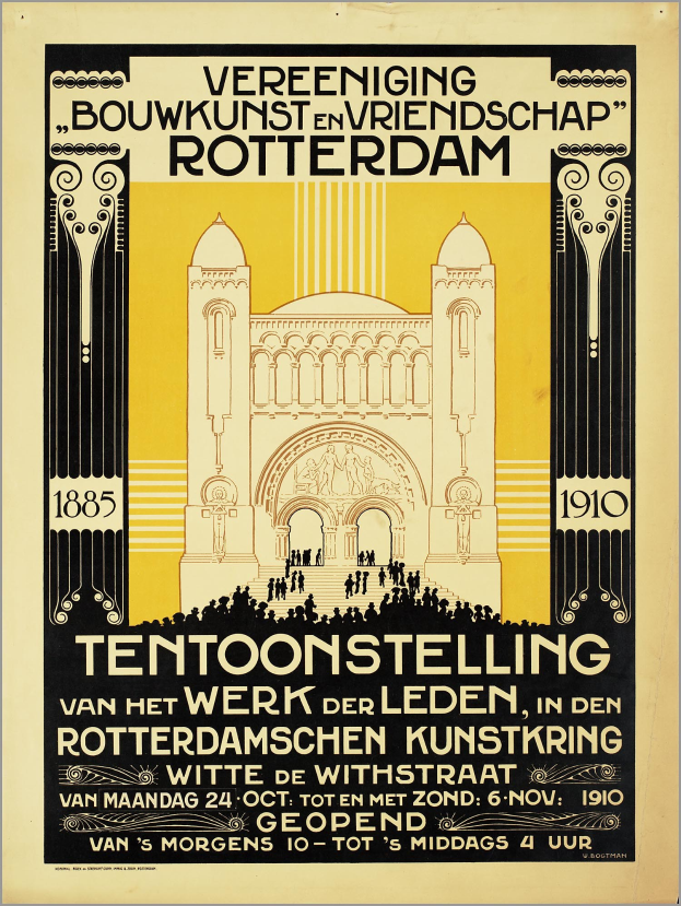 Plakatankündigung für ein Konzert in Rotterdam, Niederlande, mit einem Gebäude und Veranstaltungdetails darauf.