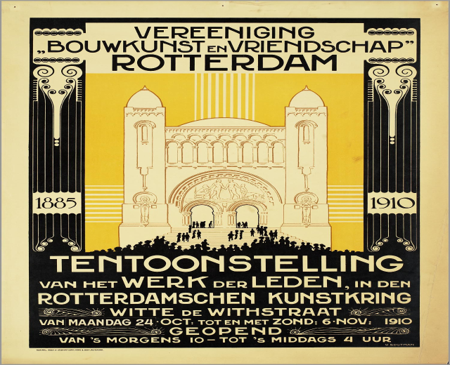 Plakatankündigung für ein Konzert in Rotterdam, Niederlande, mit einem Gebäude und Veranstaltungdetails darauf.