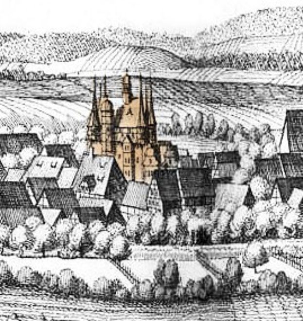 Schwarze und weiße Zeichnung einer kleinen Stadt mit einer zentral gelegenen Kirche, umgeben von Bäumen und Hügeln, mit dem Text "Gothic Architecture in Germany" unten.