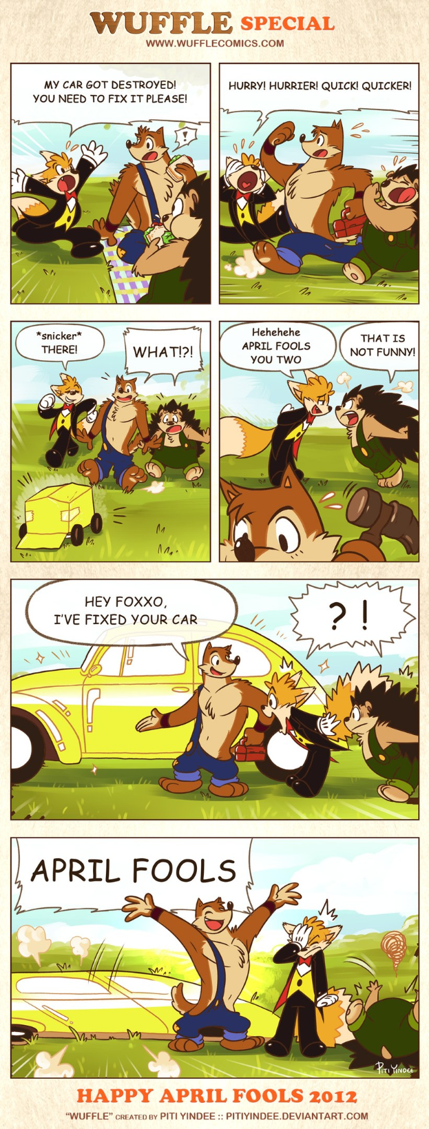 Comic-Streifen-Plakat mit der Überschrift "Aprilscherz", das einen Cartoon-Mann und -Frau in einer Diskussion mit Handbewegungen zeigt, vor einem hellblauen Himmel mit weißen Wolken und großer schwarzer Schrift.