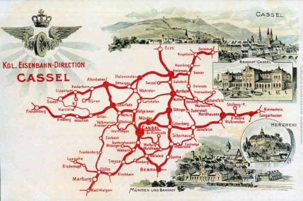 Ein detailliertes Poster mit einer Karte von Cassel, Deutschland, das Straßen, Sehenswürdigkeiten, Gebäude, Bäume und Hügel mit begleitendem Text zeigt.