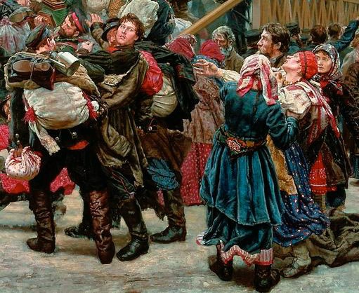 Gemälde von Menschen in traditioneller russischer Kleidung, die vor einem Publikum tanzen und dabei Gegenstände halten, während im Hintergrund ein Holzhaus zu sehen ist.