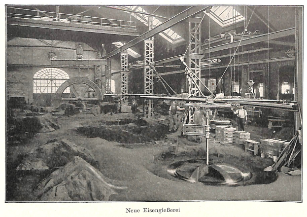 Ein altes Schwarz-Weiß-Foto einer Fabrik mit Arbeitern, die eine Maschine bedienen, umgeben von Metallstangen und -pfosten, mit dem Text "Neue Eisengießerei, die erste Fabrik in Deutschland" unten.