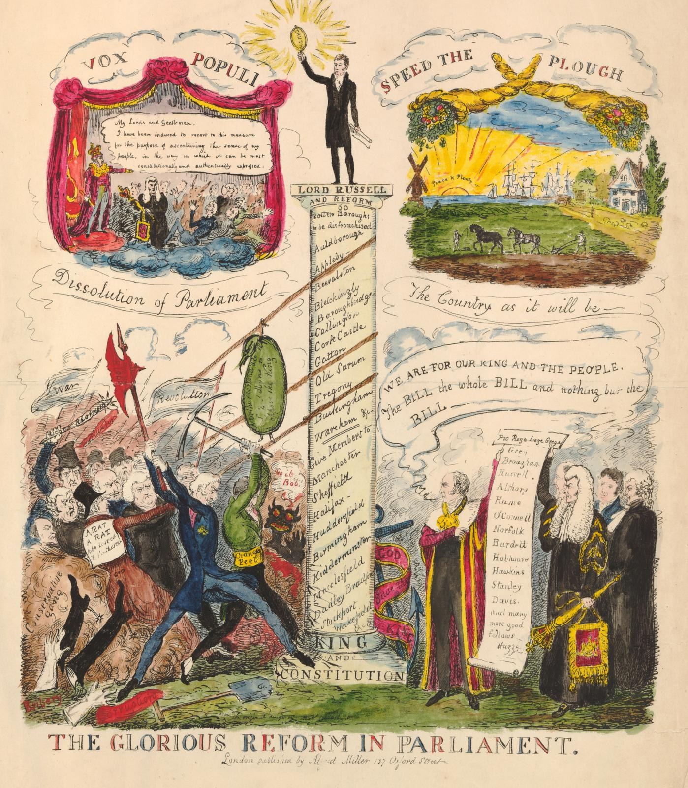 Eine bunte Papierillustration mit der Überschrift "Die glorreichen Reformen im Parlament", die mutige Texte und verschiedene, lächelnde Menschen zeigt und Fortschritt und Hoffnung symbolisiert.