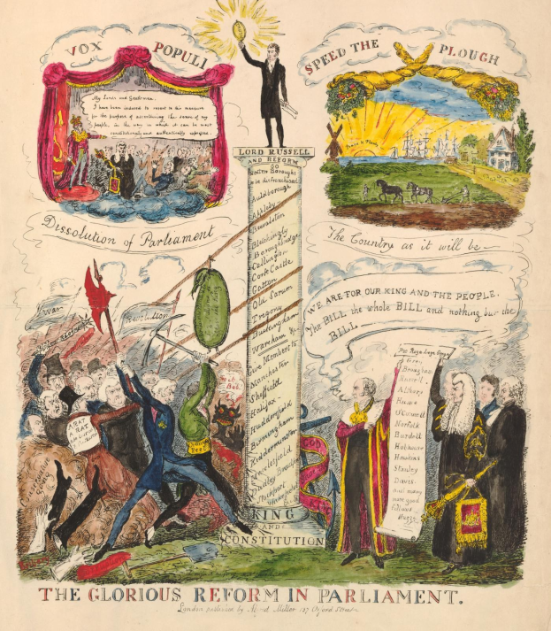 Eine bunte Papierillustration mit der Überschrift "Die glorreichen Reformen im Parlament", die mutige Texte und verschiedene, lächelnde Menschen zeigt und Fortschritt und Hoffnung symbolisiert.