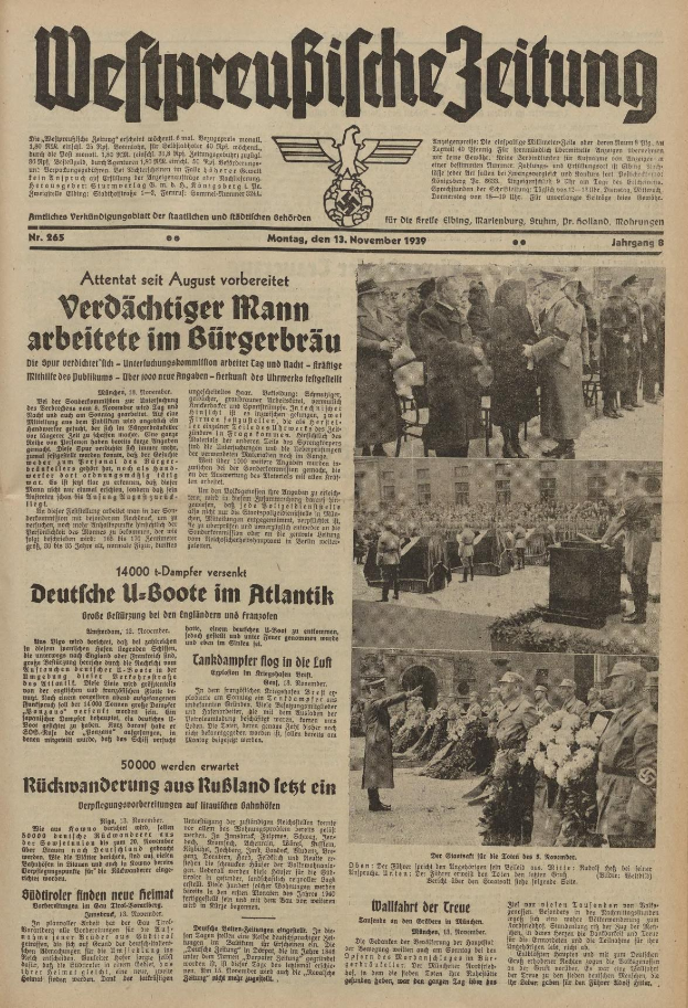 Schwarze-weiße Titelseite einer deutschen Zeitung vom 13. November 1939 mit der Schlagzeile 'Weitpreubliche Zeitung' und einem Foto von Menschen in traditioneller deutscher Tracht in einer feierlichen Umgebung.