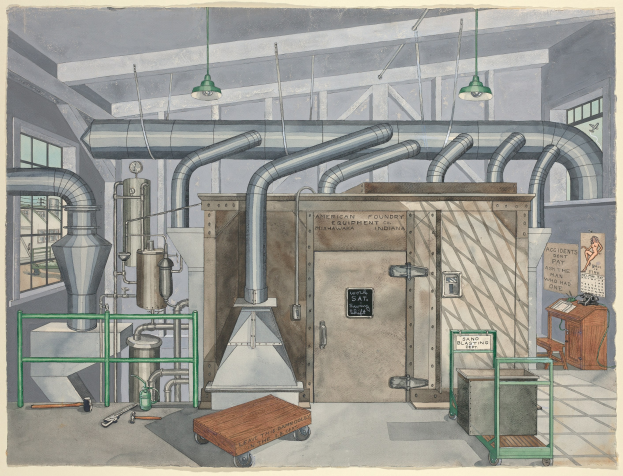 Ein detailliertes industrielles Zeichnung eines Fabrikinneren mit Maschinen, Rohren, einem Karren, einem Tisch, einem Stuhl, einer Tafel mit dem Text "American Foundry Equipment Co, Indiana", Fenstern und Deckenleuchten.