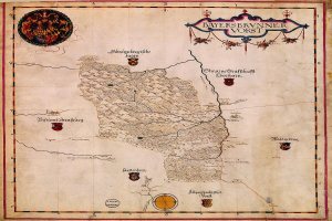 Eine Karte von Bayern aus dem 15. Jahrhundert, die geographische Merkmale wie Flüsser, Gebirge und Städte zeigt und von informativem Text und Logos begleitet wird.