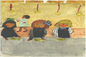 Gemälde von drei Kindern in festlicher Kleidung, die auf einer Bank vor einer Wand mit Weihnachtsornamenten, bunten Orchideen und anderen Festdekorationen sitzen und strahlen.