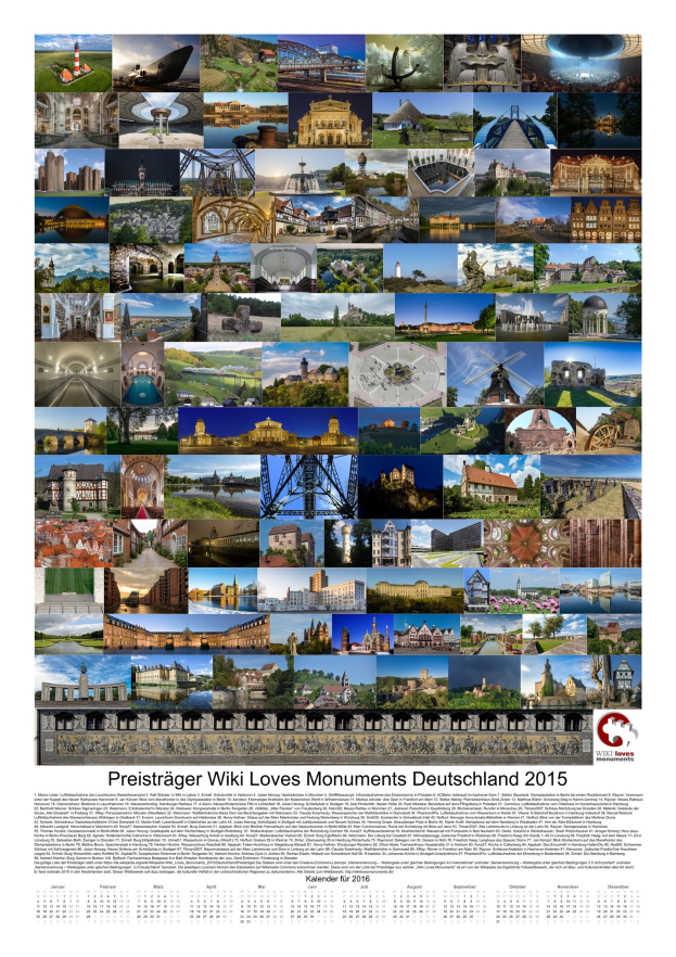 Kalender mit dem Titel "Preisträger Wiki Loves Monuments Deutschland 2015" mit einem Collage von deutschen Monumenten aus 2015.