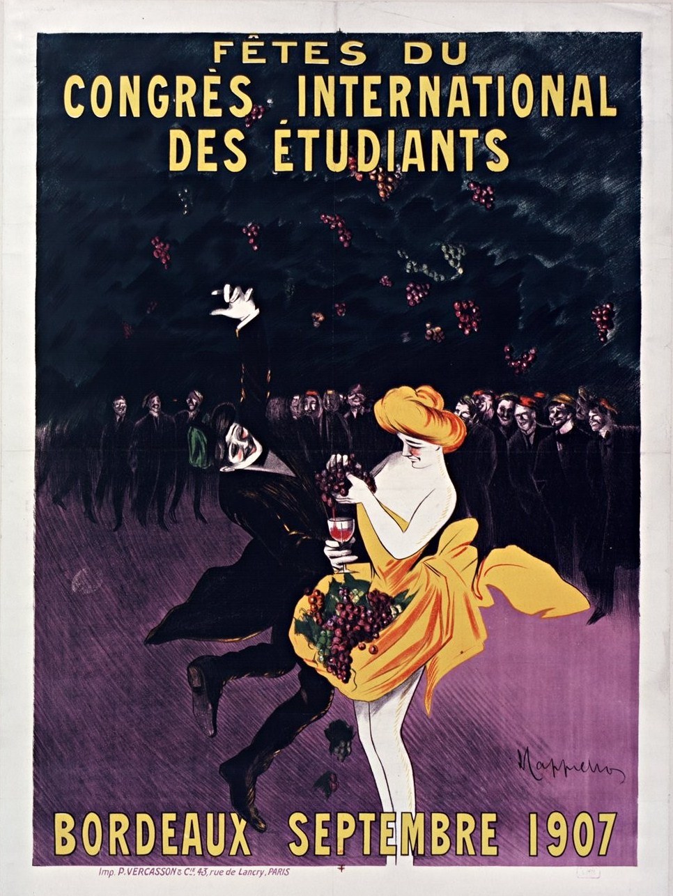 Plakat für eine Weinprobe in Bordeaux 1907 mit einer Frau in gelbem Kleid und Weinglas, umgeben von einer Menge, mit Veranstaltungstext.
